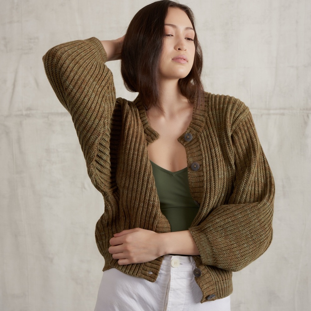 Misha + Puff olive cotton oversized Fisherman cardigan sweater M/L